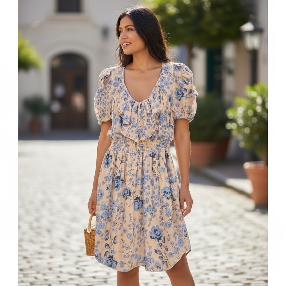 Rebecca Taylor Silk Floral Ruffle Mini Dress Blue and Pink size 4